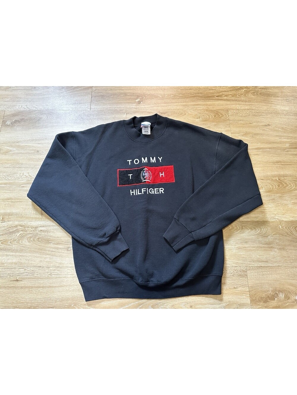 Vintage Tommy Hilfiger Sweatshirt Y2K Large L Black Logo Crewneck Pullover 90s